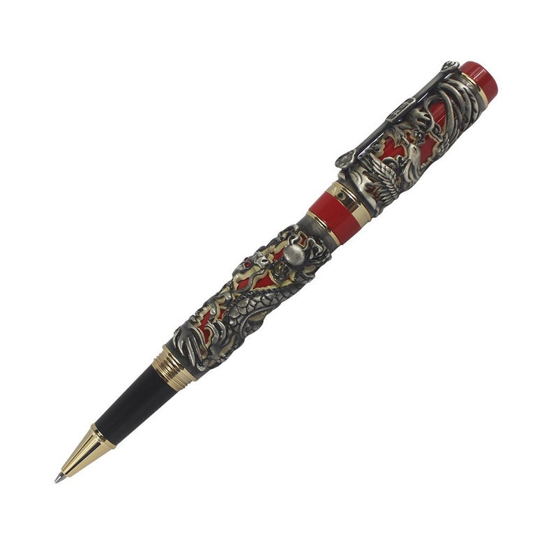 zoohot Jinhao Rollerball Pen Dragon/Loong & Phoenix Antique Silver and Red Screw Cap - Image 1